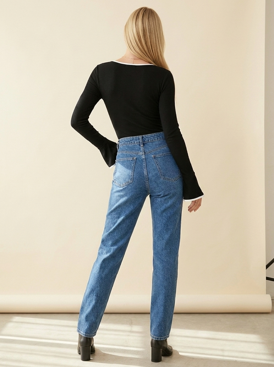 VelouraAvenue Long Sleeve Contrast Bodysuit - Black - Image 5