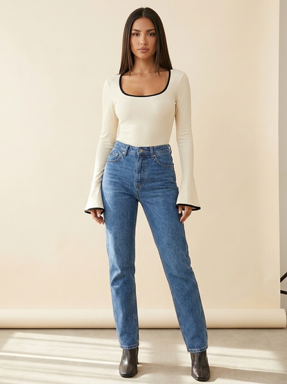 VelouraAvenue Long Sleeve Contrast Bodysuit - Eggshell - Image 6
