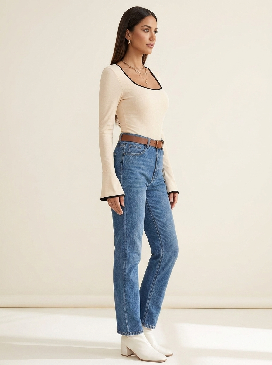 VelouraAvenue Long Sleeve Contrast Bodysuit - Eggshell - Image 8