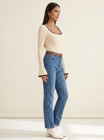 VelouraAvenue Long Sleeve Contrast Bodysuit - Eggshell - Image 8