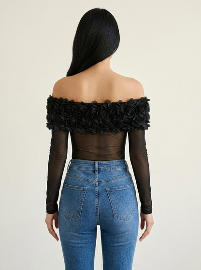 Flower Mesh Bodysuit Black back tucked