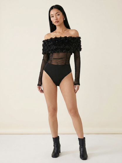 Flower Mesh Bodysuit Black bodysuit front