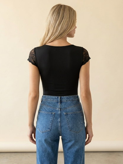 Lace Sweetheart Bodysuit Black back tucked