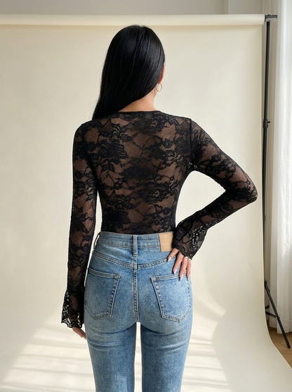 Lace Long Sleeve Bodysuit Black back tucked