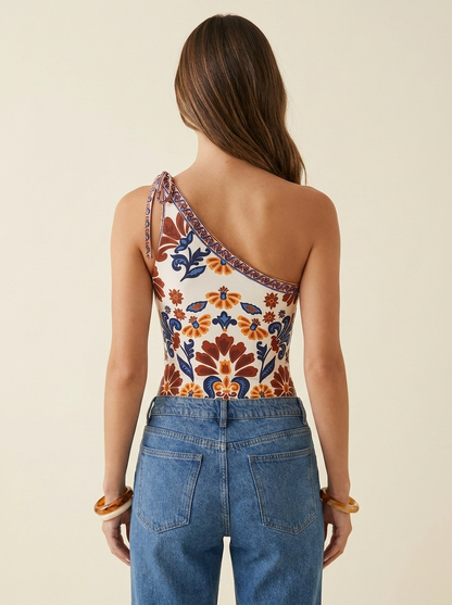 Floral One-Shoulder Bodysuit Burgundy back tucked