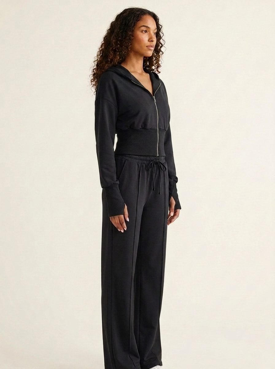 VelouraAvenue Zip-Up Hoodie Set - Black - Image 8