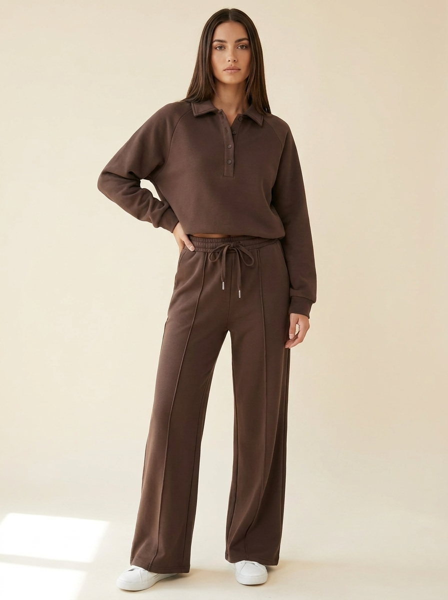 VelouraAvenue Collared Sweatshirt Set - Brown - Front