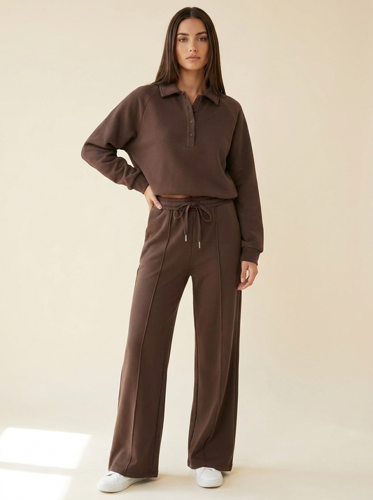 VelouraAvenue Collared Sweatshirt Set - Brown - Front