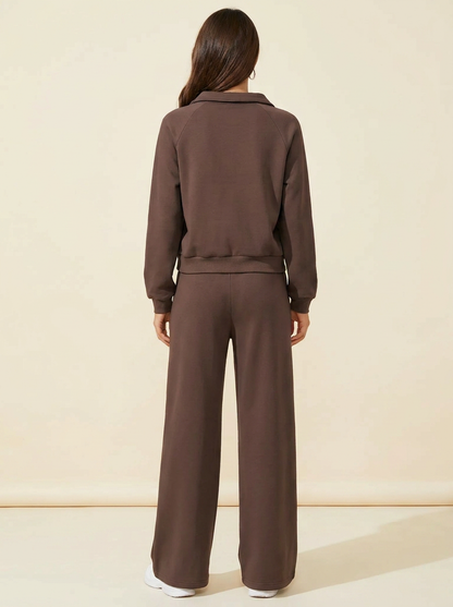VelouraAvenue Collared Sweatshirt Set - Brown - Back