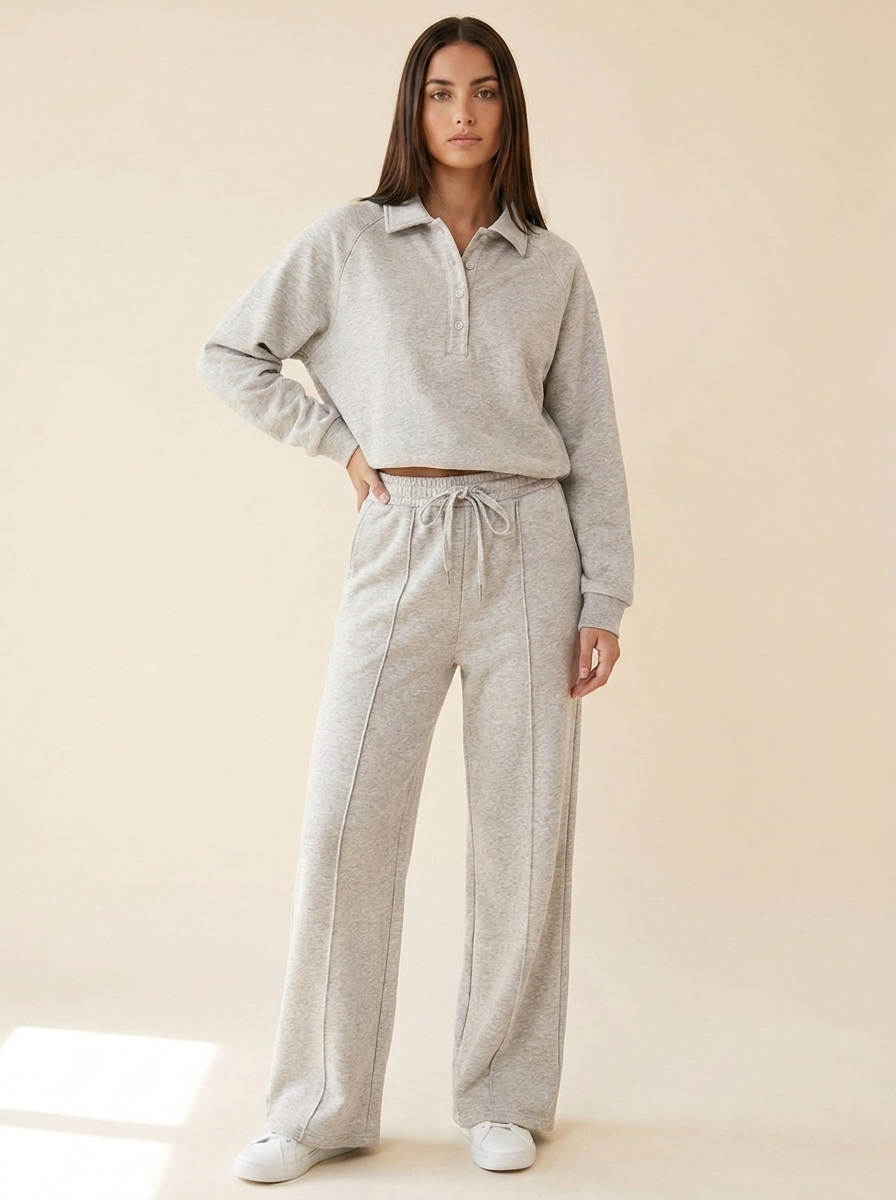 VelouraAvenue Collared Sweatshirt Set - Light Gray - Front