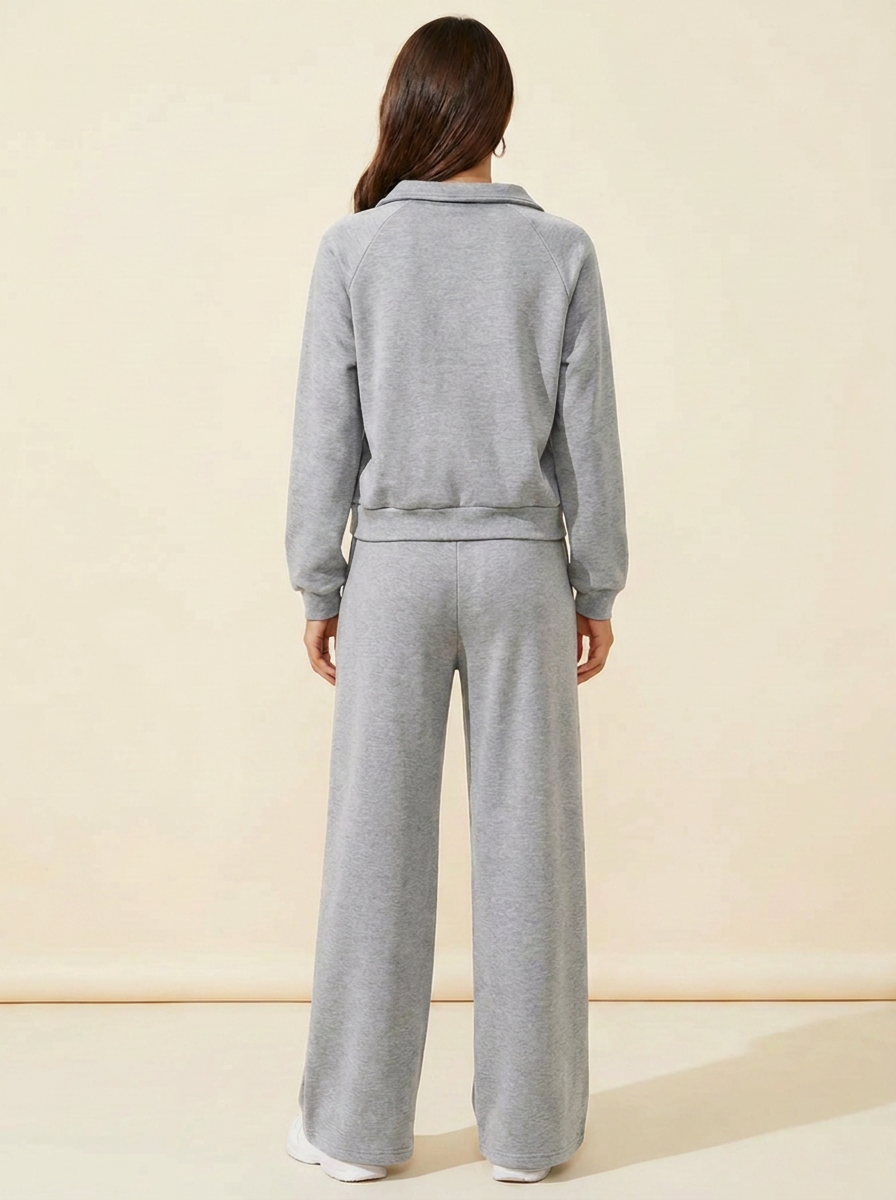 VelouraAvenue Collared Sweatshirt Set - Light Gray - Back