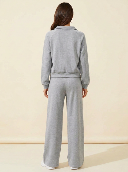 VelouraAvenue Collared Sweatshirt Set - Light Gray - Back