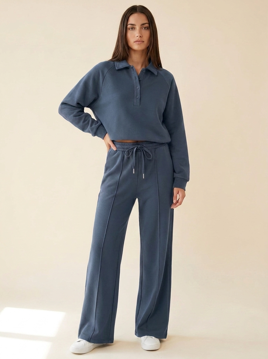 VelouraAvenue Collared Sweatshirt Set - Dusty Blue - Front