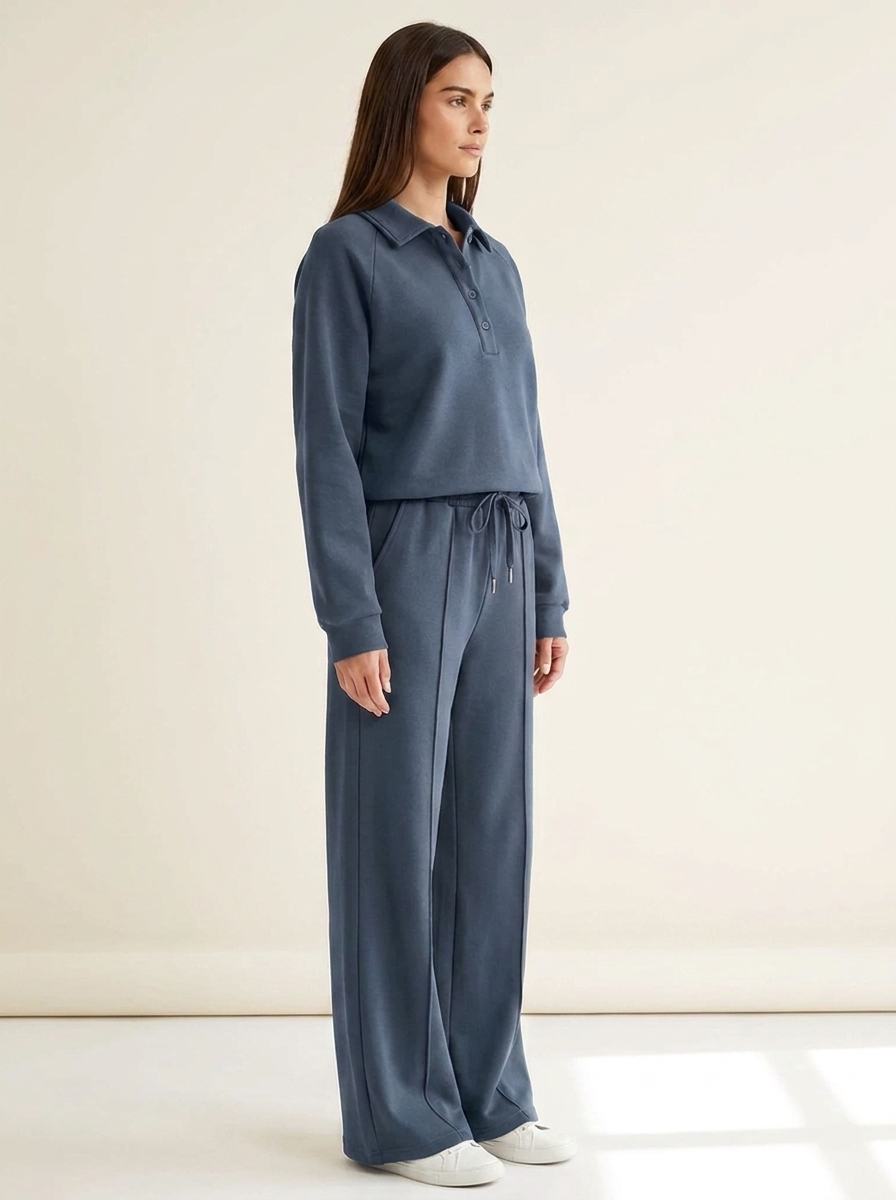 VelouraAvenue Collared Sweatshirt Set - Dusty Blue - Side
