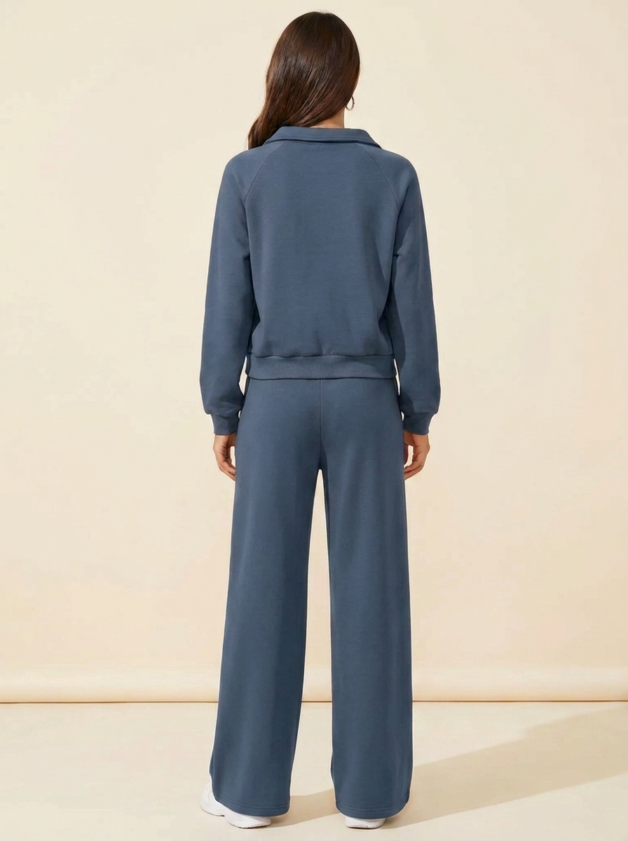 VelouraAvenue Collared Sweatshirt Set - Dusty Blue - Back