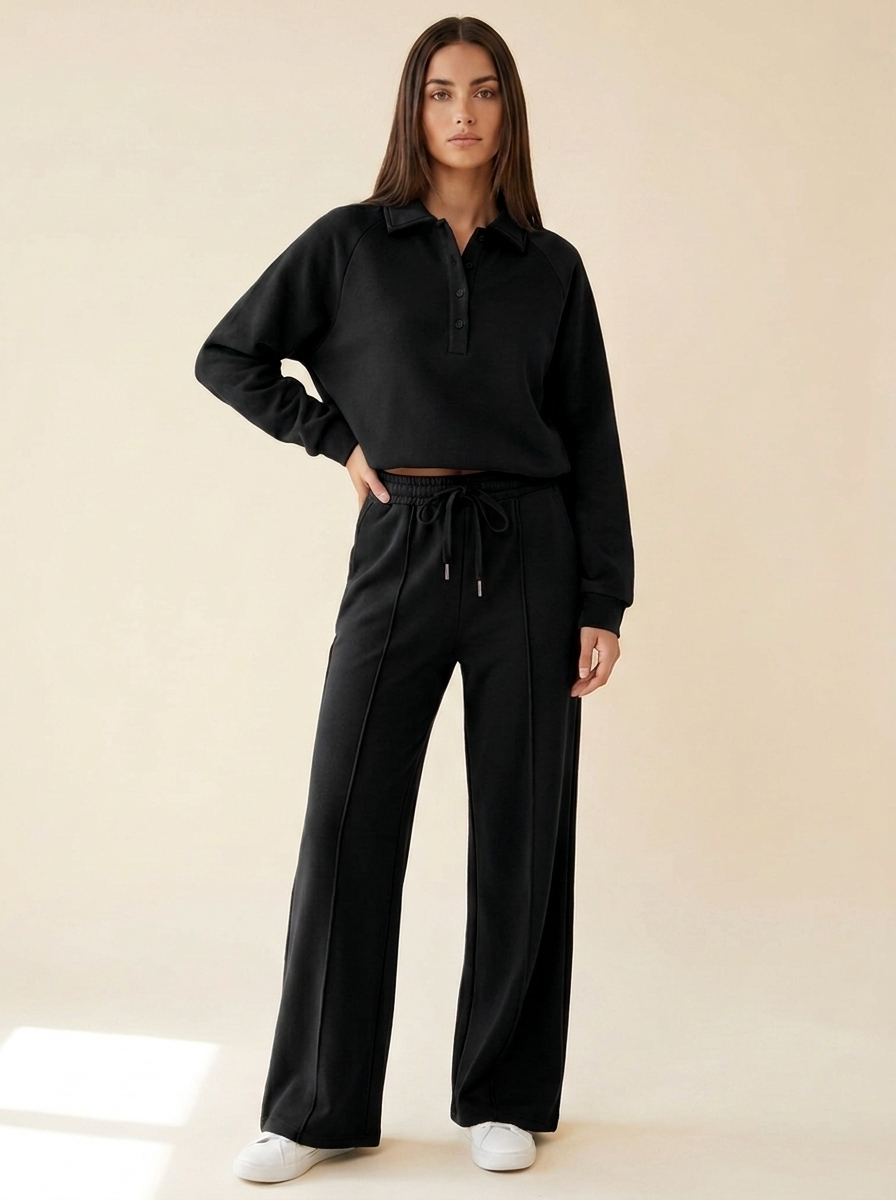 VelouraAvenue Collared Sweatshirt Set - Black - Front