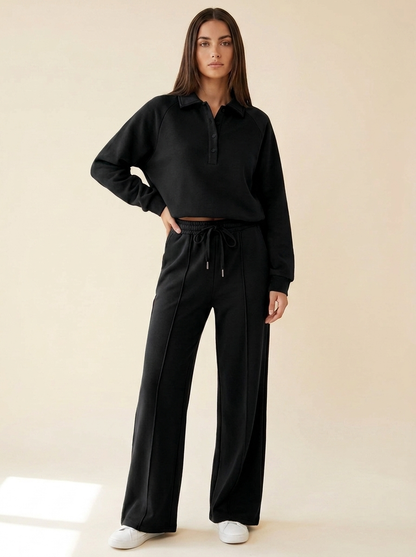VelouraAvenue Collared Sweatshirt Set - Black - Front