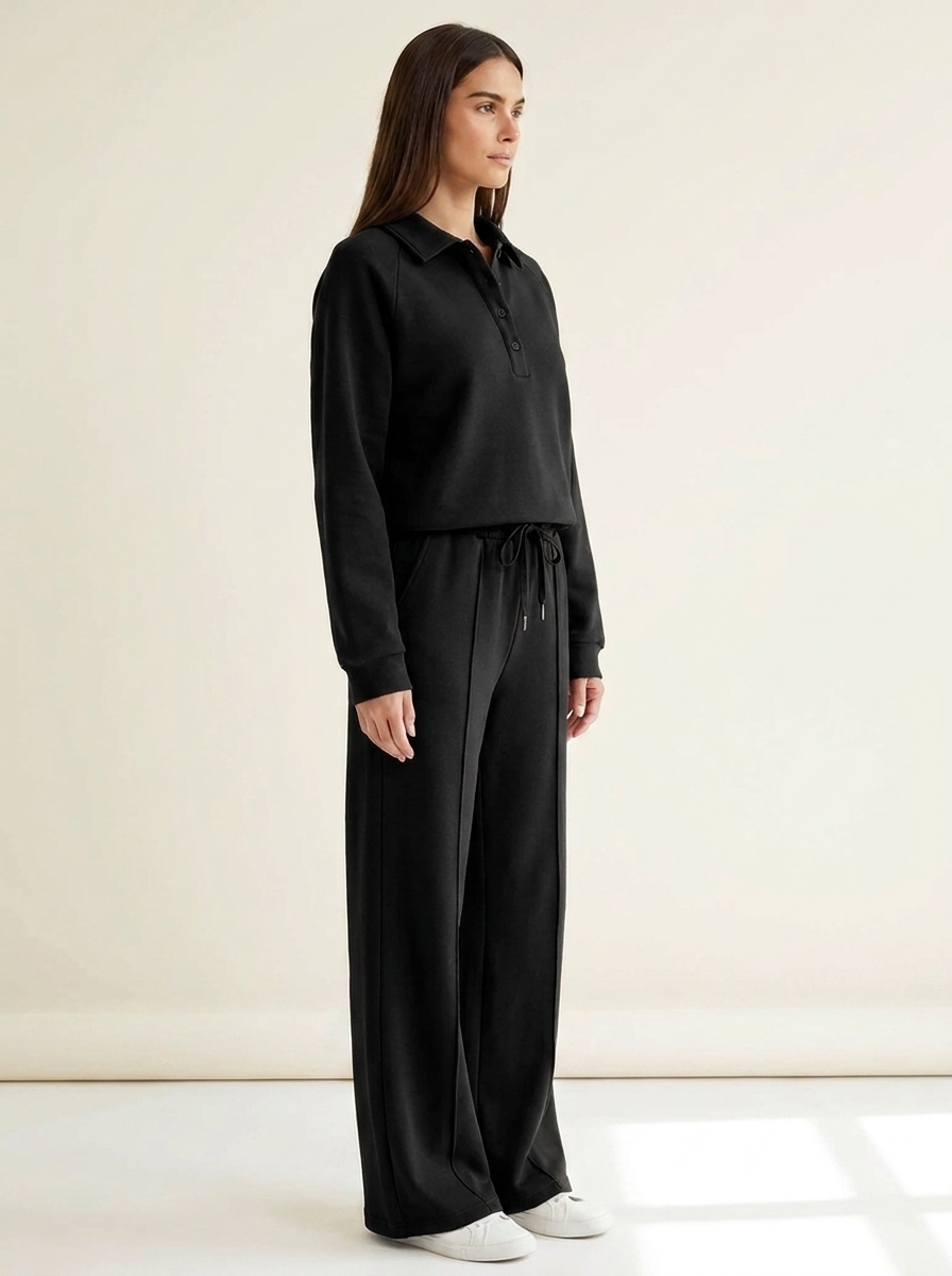 VelouraAvenue Collared Sweatshirt Set - Black - Side