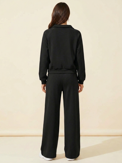 VelouraAvenue Collared Sweatshirt Set - Black - Back