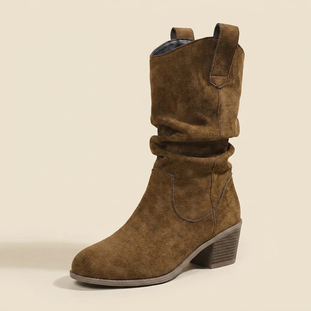 VelouraAvenue Suede Block Heels Boots - Dark Brown - Single Front