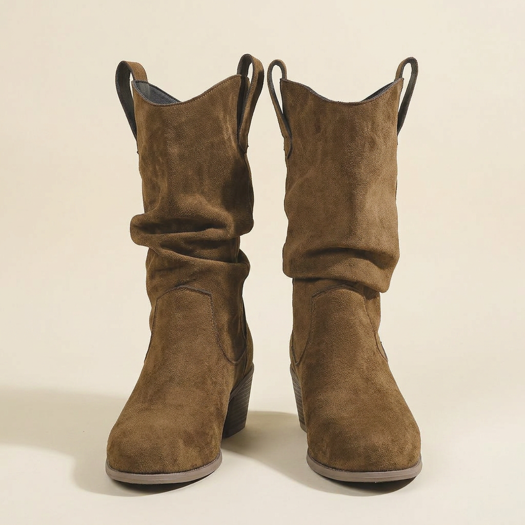 VelouraAvenue Suede Block Heels Boots - Dark Brown - Pair Front