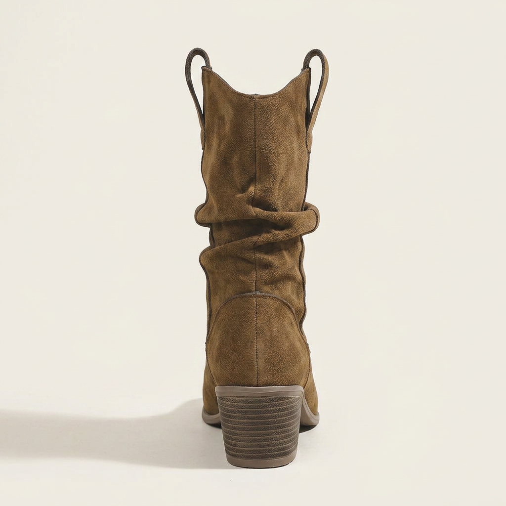 VelouraAvenue Suede Block Heels Boots - Dark Brown - Back