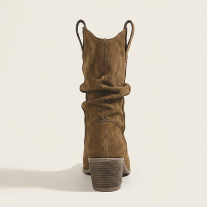 VelouraAvenue Suede Block Heels Boots - Dark Brown - Back