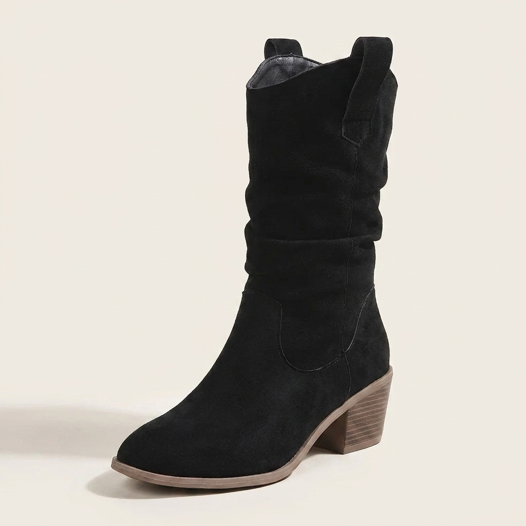 VelouraAvenue Suede Block Heels Boots - Black - Single Front