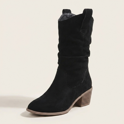 VelouraAvenue Suede Block Heels Boots - Black - Single Front