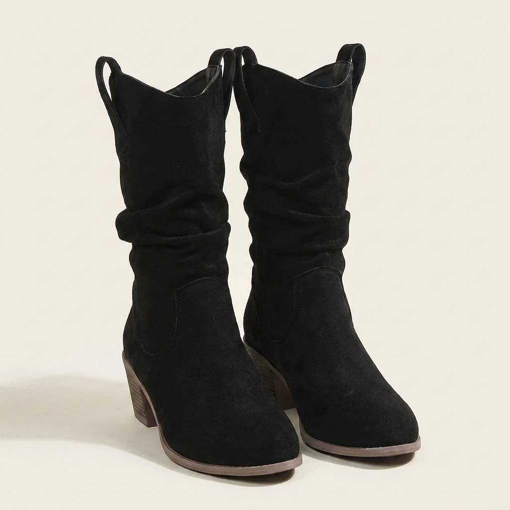 VelouraAvenue Suede Block Heels Boots - Black - Pair Front