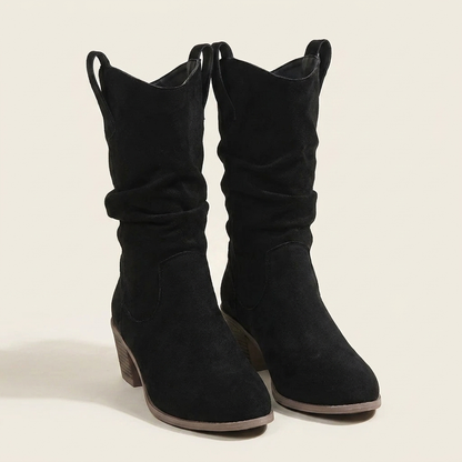 VelouraAvenue Suede Block Heels Boots - Black - Pair Front