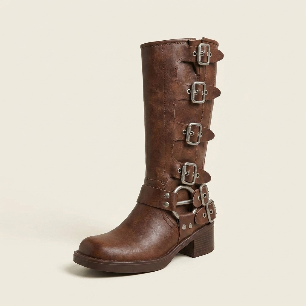 VelouraAvenue Round Toe Block Heels Boots - Brown - Single Front