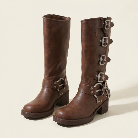 VelouraAvenue Round Toe Block Heels Boots - Brown - Pair Front