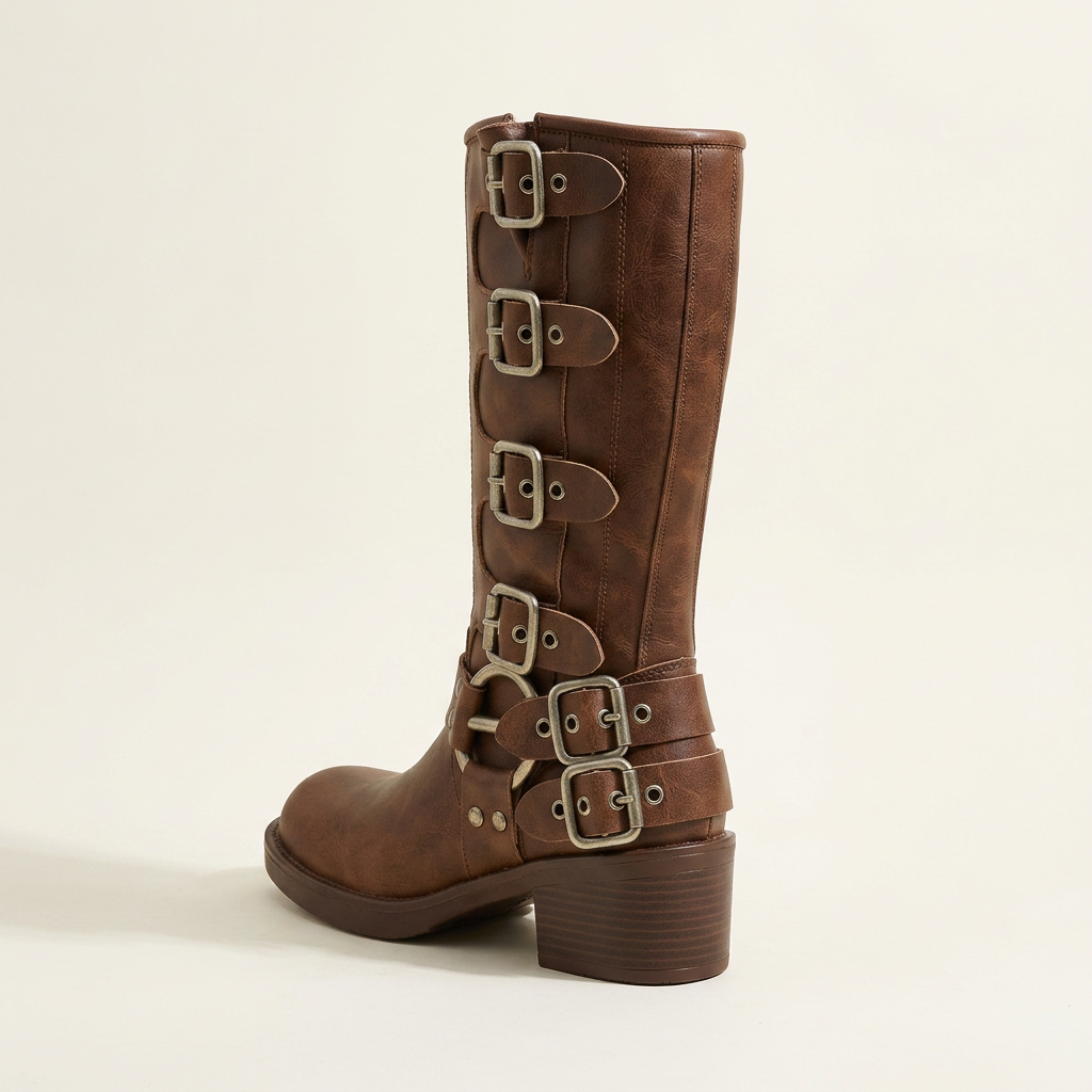 VelouraAvenue Round Toe Block Heels Boots - Brown - Back