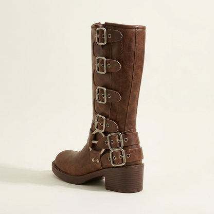 VelouraAvenue Round Toe Block Heels Boots - Brown - Back