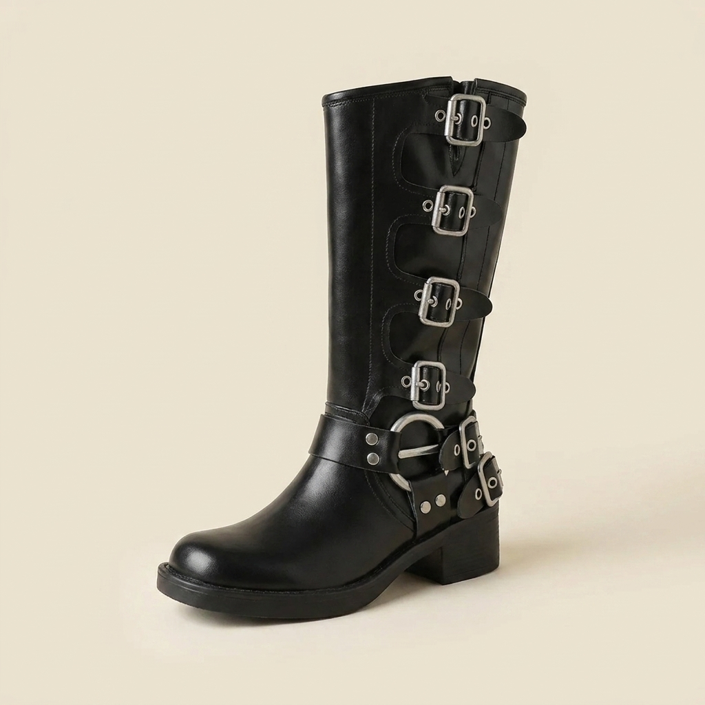VelouraAvenue Round Toe Block Heels Boots - Black - Single Front