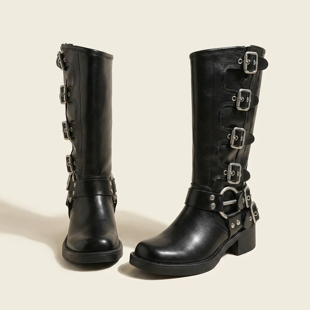 VelouraAvenue Round Toe Block Heels Boots - Black - Pair Front