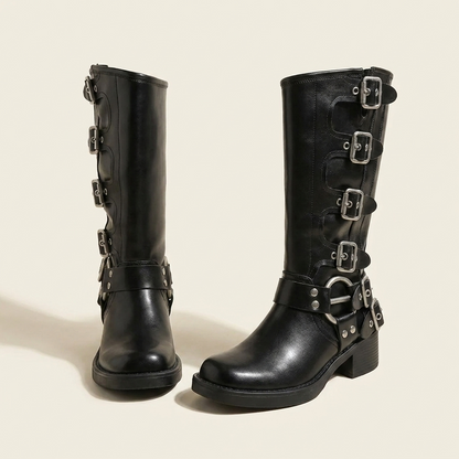 VelouraAvenue Round Toe Block Heels Boots - Black - Pair Front