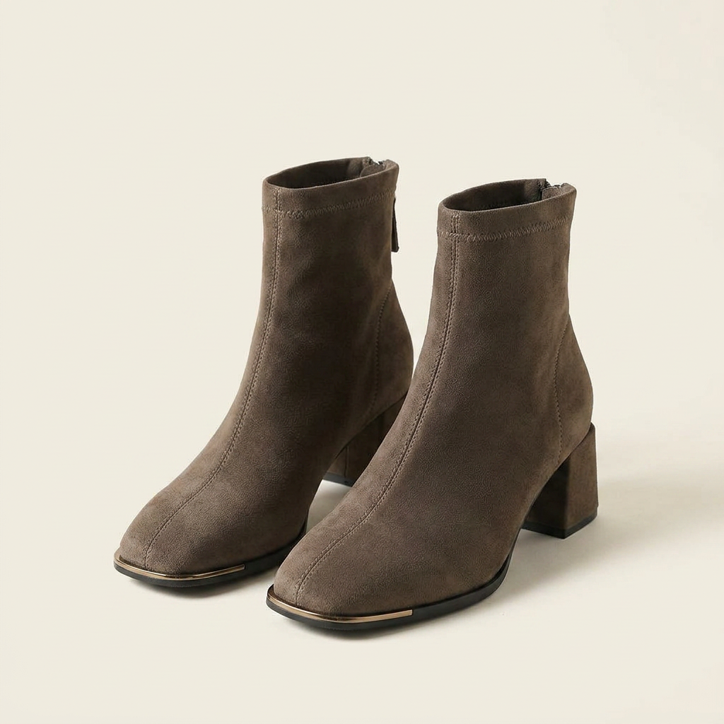 VelouraAvenue Square Toe Block Heels Boots - Khaki - Pair Front