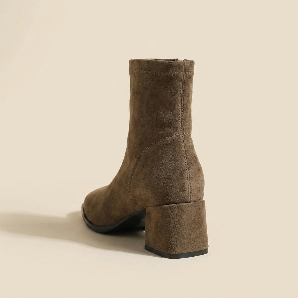 VelouraAvenue Square Toe Block Heels Boots - Khaki - Back