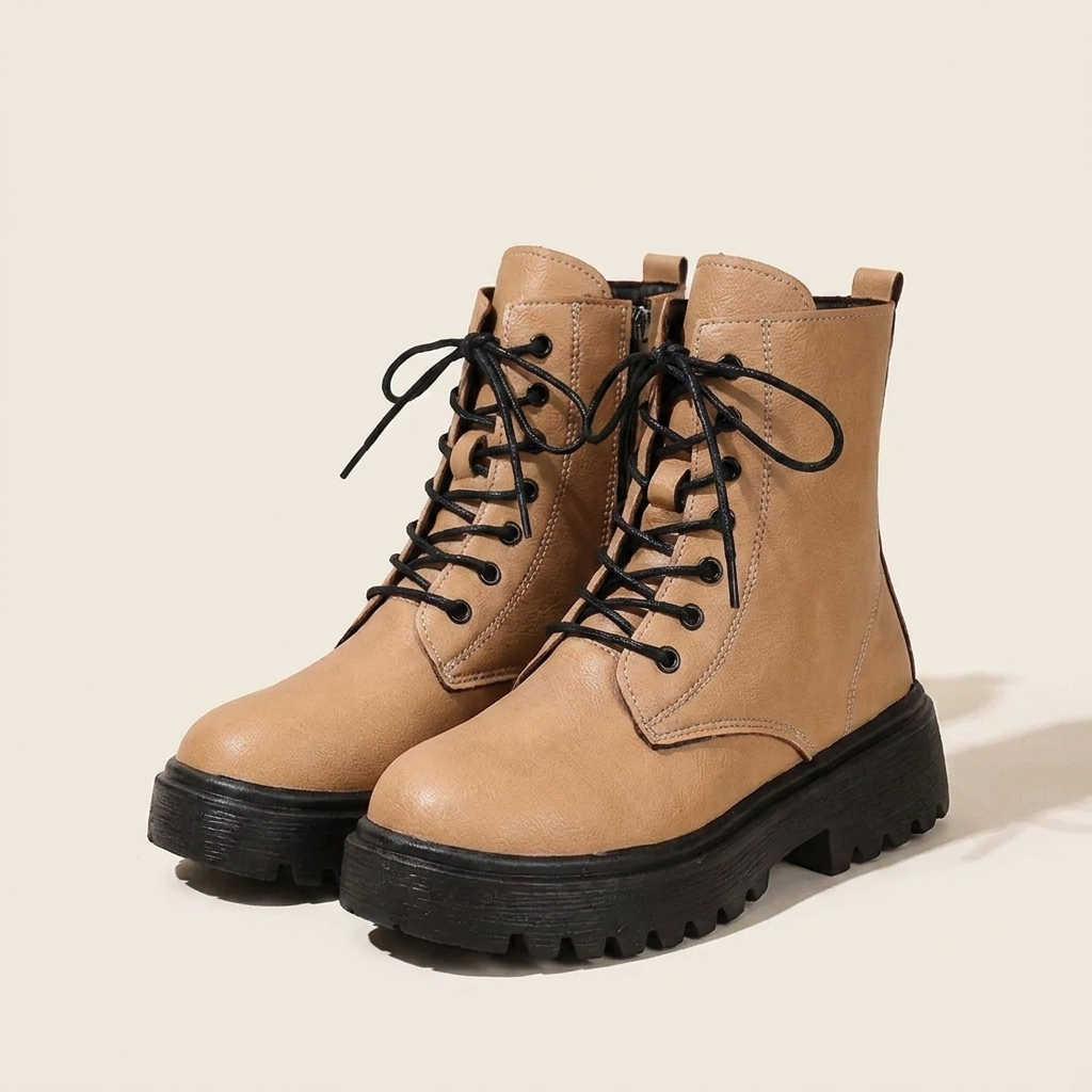 VelouraAvenue Lace-Up Ankle Combat Boots - Khaki - Pair Front