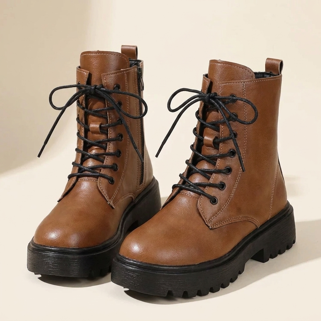 VelouraAvenue Lace-Up Ankle Combat Boots - Brown - Pair Front
