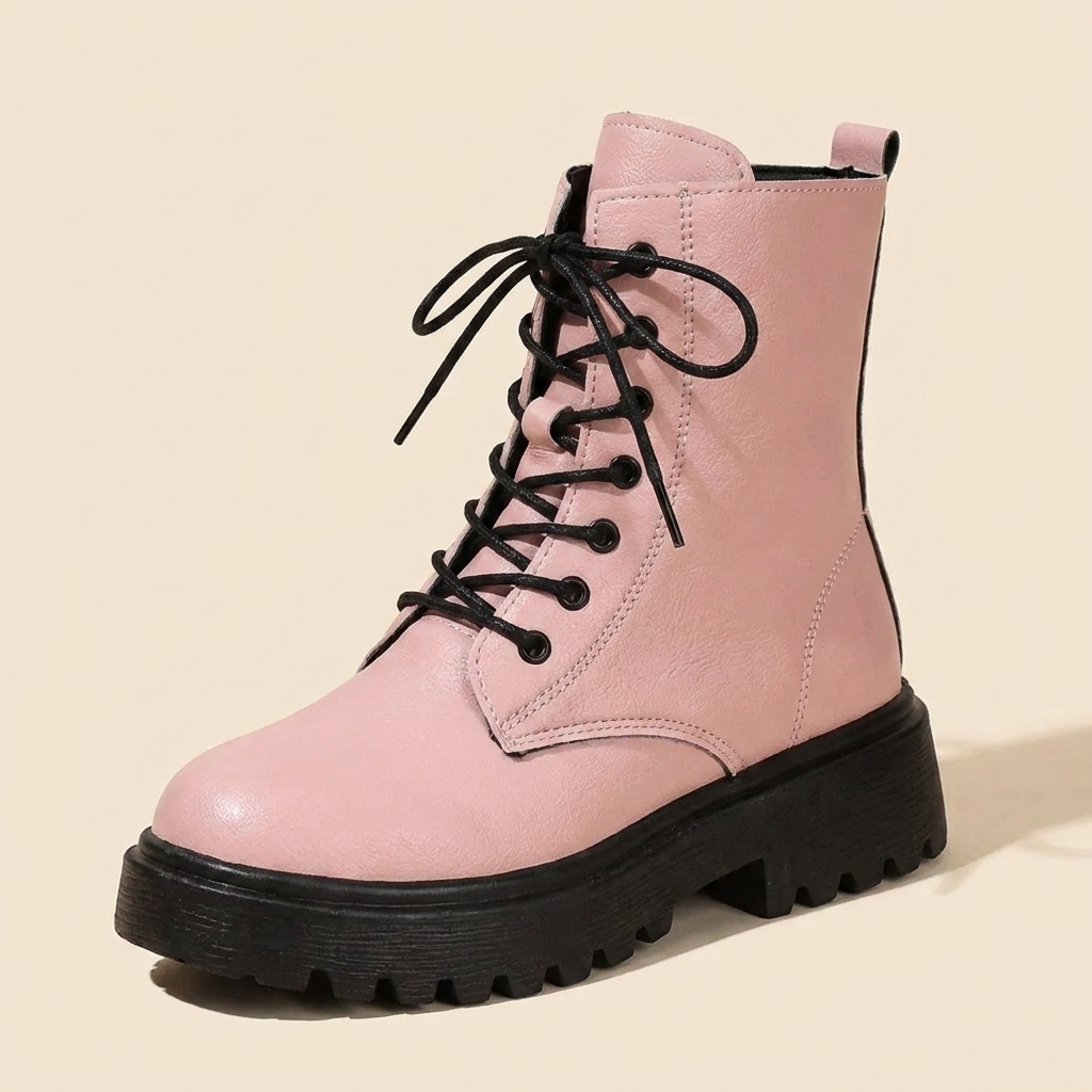 VelouraAvenue Lace-Up Ankle Combat Boots - Pink - Single Front
