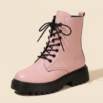 VelouraAvenue Lace-Up Ankle Combat Boots - Pink - Single Front