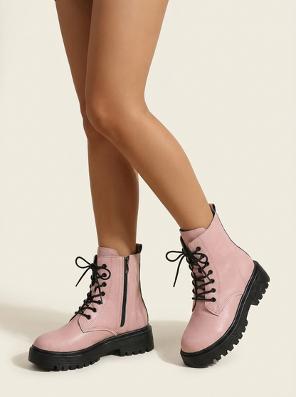 VelouraAvenue Lace-Up Ankle Combat Boots - Pink - Worn On Model