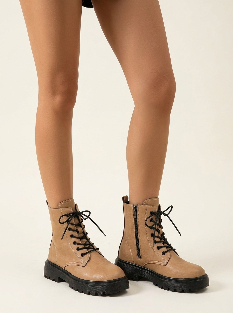 VelouraAvenue Lace-Up Ankle Combat Boots - Khaki - Worn On Model