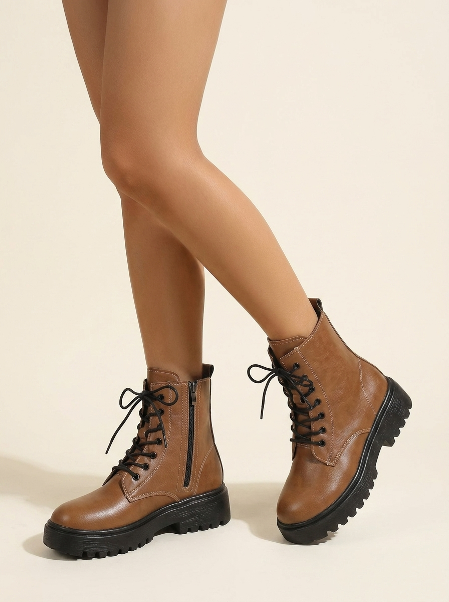 VelouraAvenue Lace-Up Ankle Combat Boots - Brown - Worn On Model