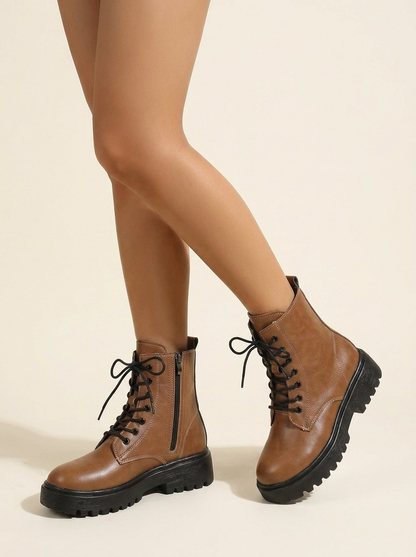 VelouraAvenue Lace-Up Ankle Combat Boots - Brown - Worn On Model