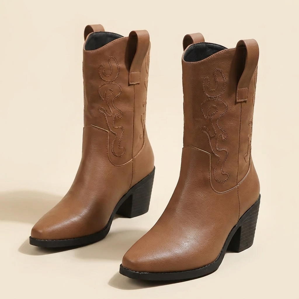 VelouraAvenue Point Toe Block Heels Boots - Tan - Front