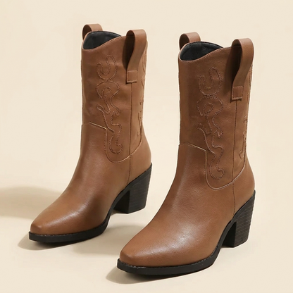 VelouraAvenue Point Toe Block Heels Boots - Tan - Front